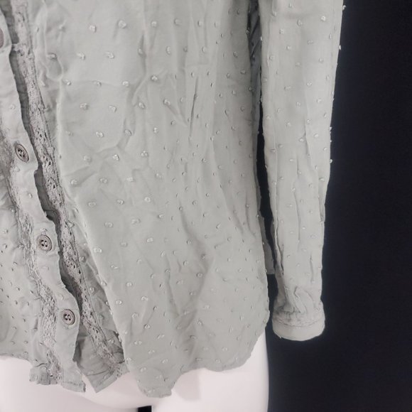 Paper & Crane Dot Fabric and Lace Button Up Blouse Sage Green Long Sleeve Sz. S - Picture 4 of 14